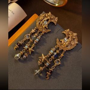 Mystical Mermaid & Moon Dangle Earrings – Vintage Gold Sterling Silver S…